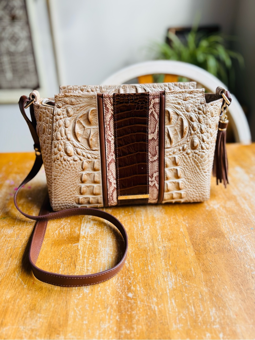 Brahmin Hilary Crossbody Beige and Brown Croc-Embossed Leather with Tassel - Picture 16 of 16